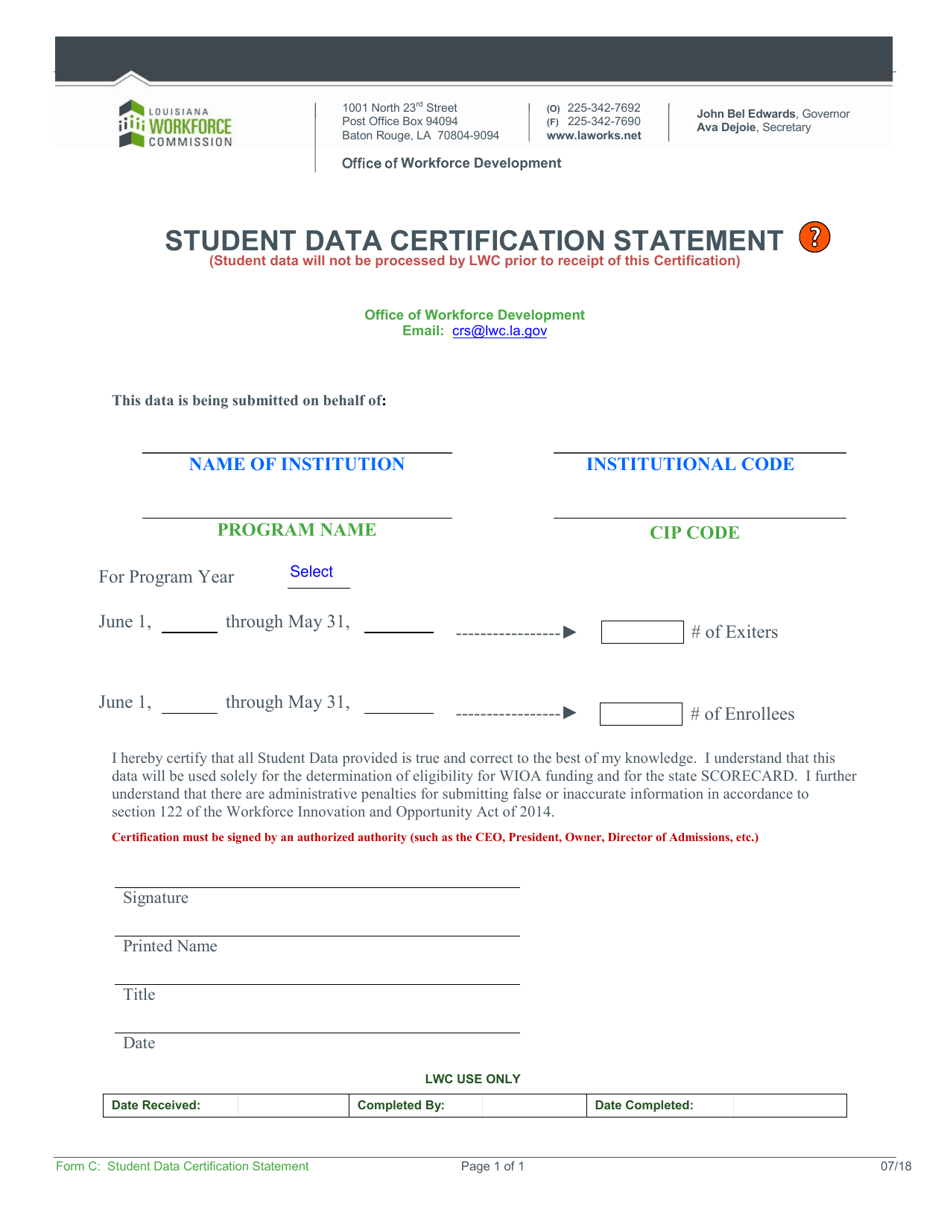 Form C Student Data Certification Statement - Louisiana, Page 1