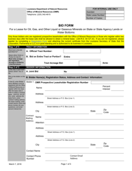 Document preview: Bid Form for a Lease for Oil, Gas, and Other Liquid or Gaseous Minerals on State or State Agency Lands or Water Bottoms - Louisiana