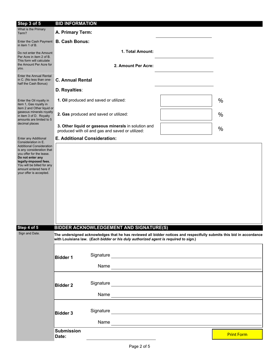 Bid Form for a Lease for Oil, Gas, and Other Liquid or Gaseous Minerals on State or State Agency Lands or Water Bottoms - Louisiana, Page 2