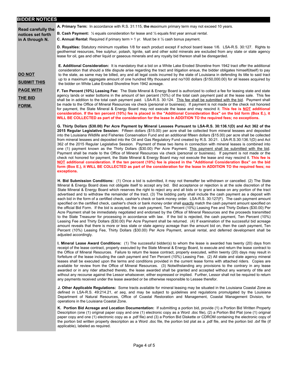 Bid Form for a Lease for Oil, Gas, and Other Liquid or Gaseous Minerals on State or State Agency Lands or Water Bottoms - Louisiana, Page 4