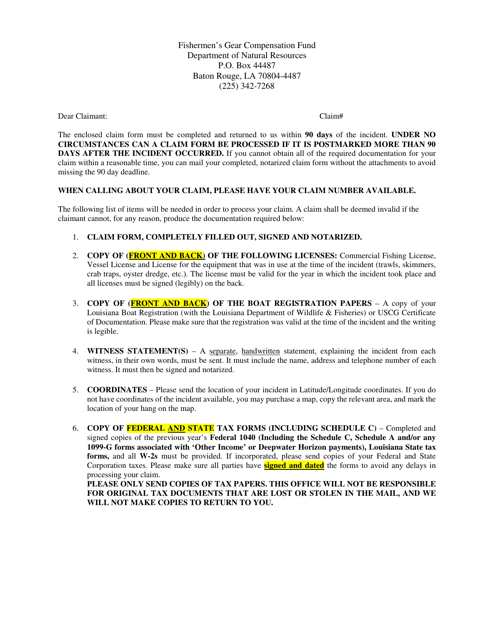 Instructions for Fisherman's Gear Compensation Fund Claim Form - Louisiana Download Pdf