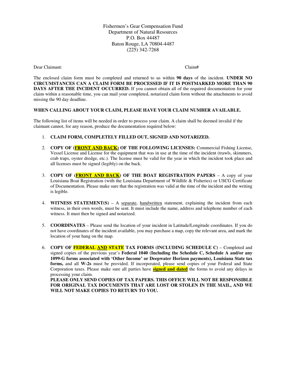 Instructions for Fishermans Gear Compensation Fund Claim Form - Louisiana, Page 1