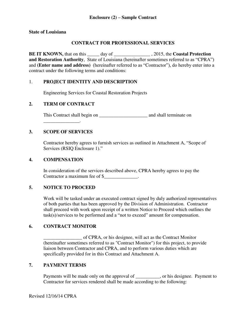 Sample Enclosure 2 Contract for Professional Services - Louisiana, Page 1