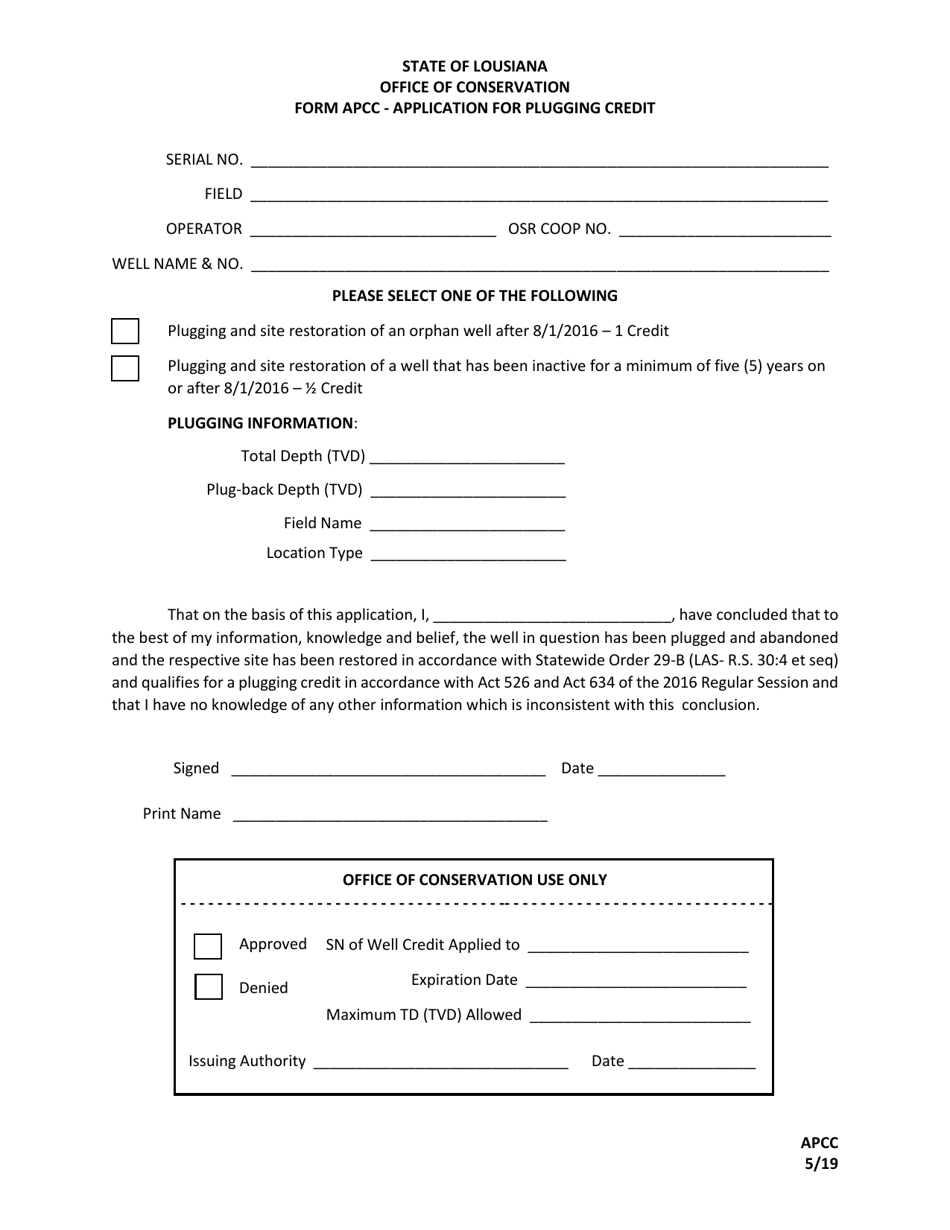 Form APCC Application for Plugging Credit - Louisiana, Page 1