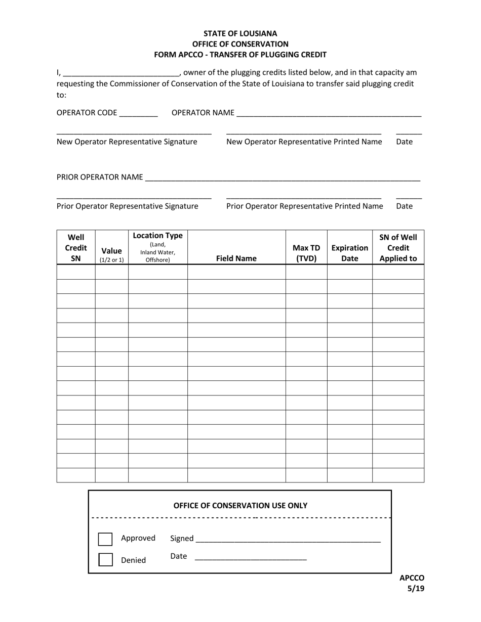 Form APCCO Transfer of Plugging Credit - Louisiana, Page 1