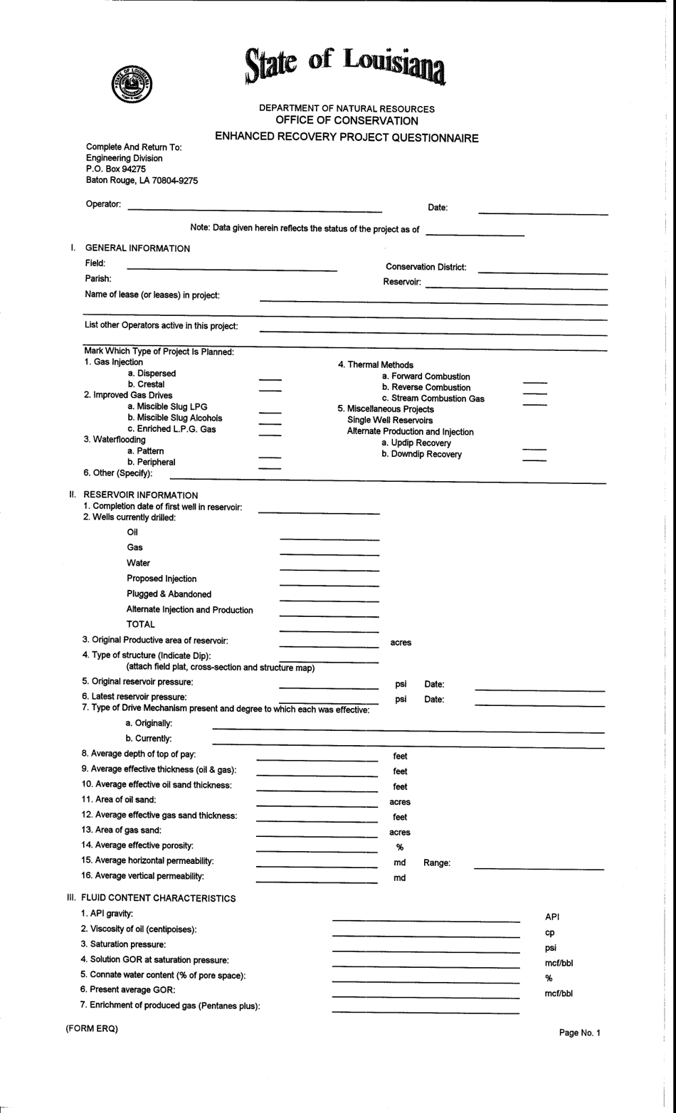 Form ERQ Enhanced Recovery Questionnaire - Louisiana, Page 1