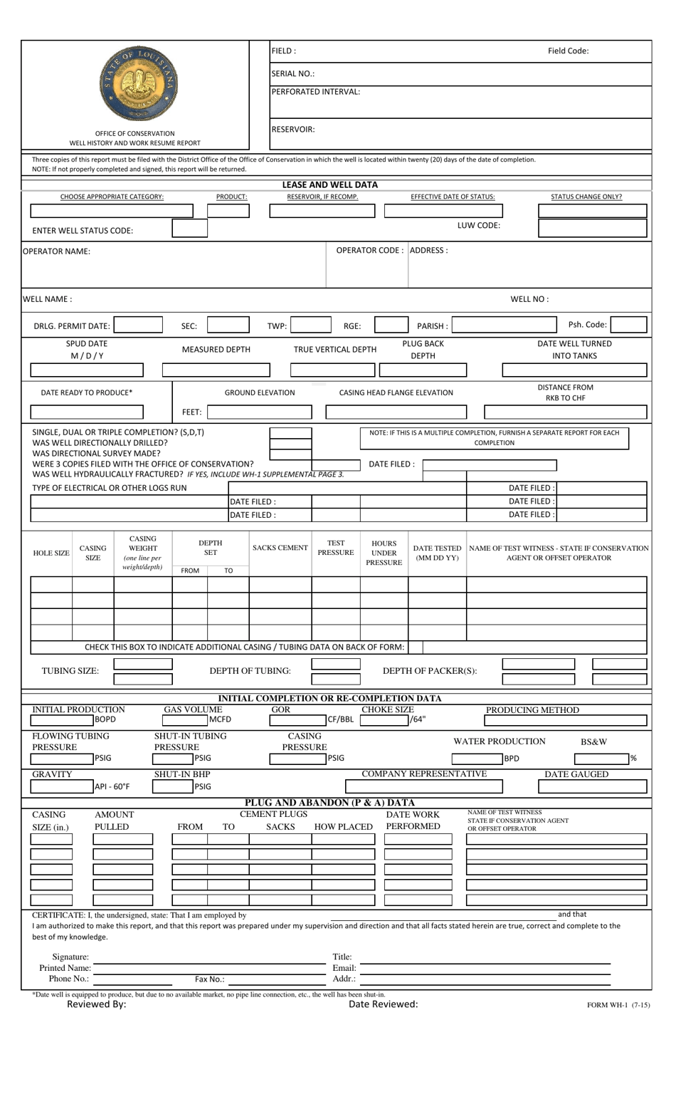 Form WH-1 Well History and Work Resume Report - Louisiana, Page 1