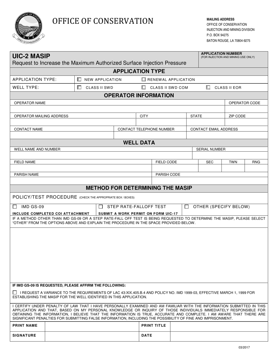 Form UIC-2 MASIP Request to Increase the Maximum Authorized Surface Injection Pressure - Louisiana, Page 1
