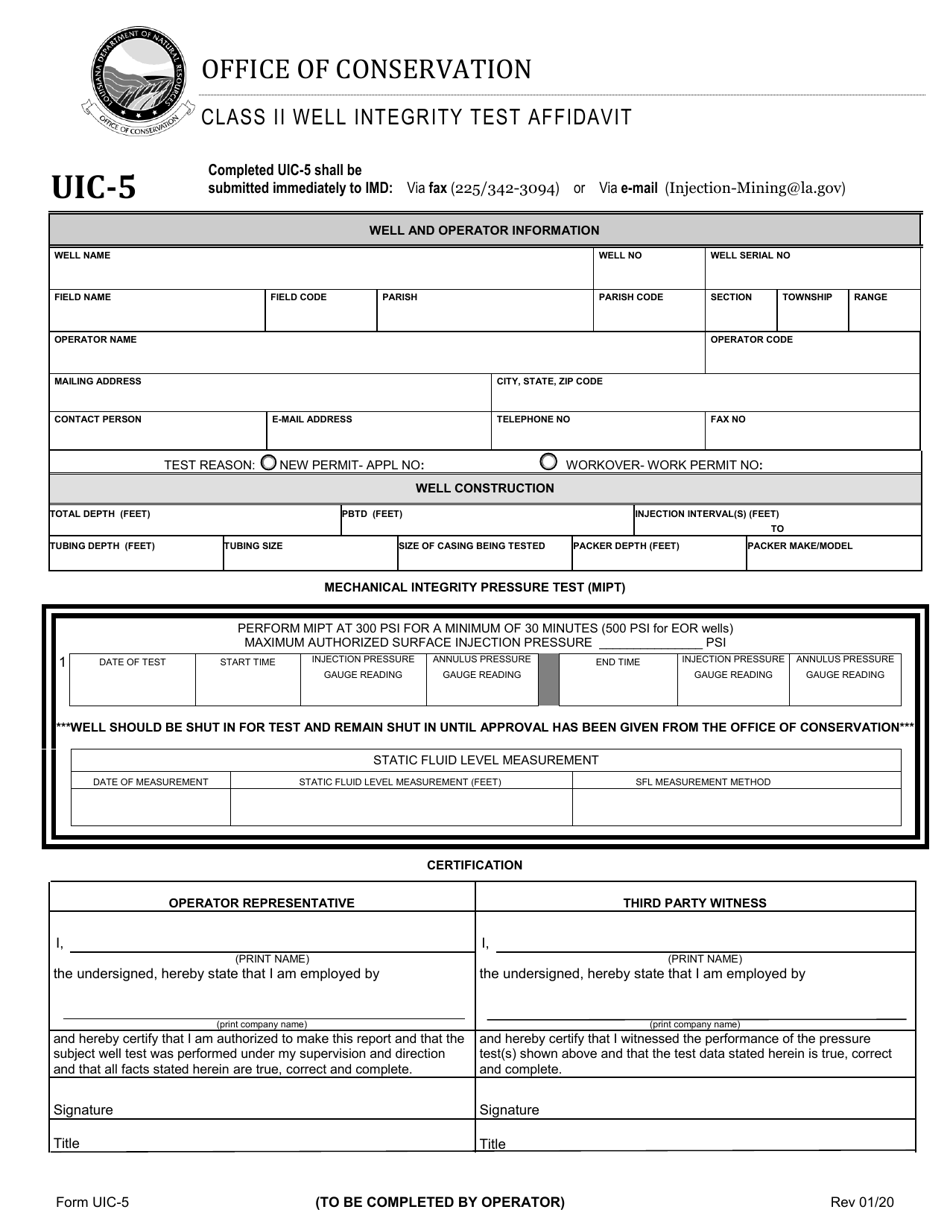 Form UIC-5 Class II Well Integrity Test Affidavit - Louisiana, Page 1