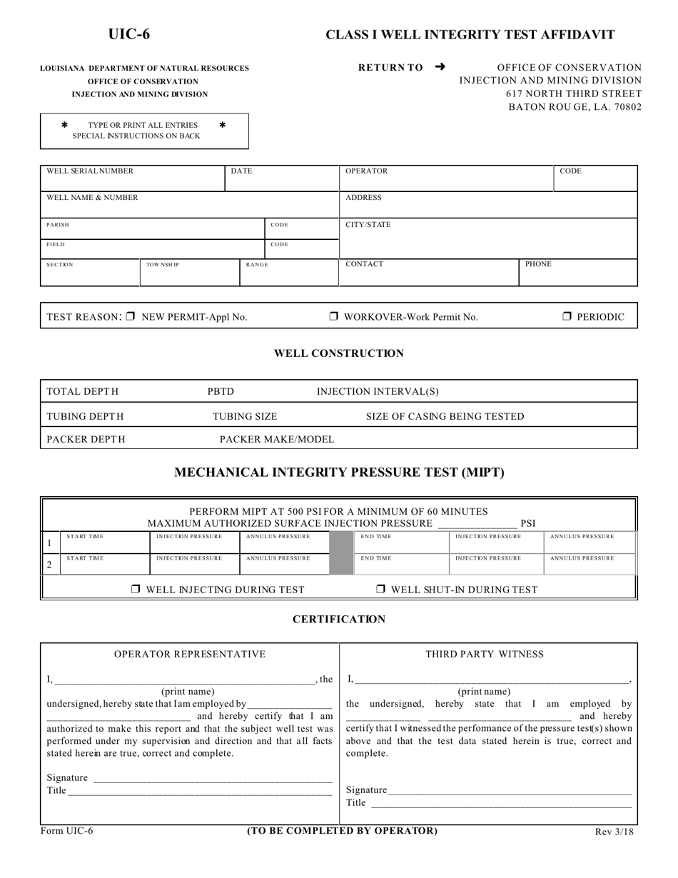 Form UIC-6 Class I Well Integrity Test Affidavit - Louisiana, Page 1