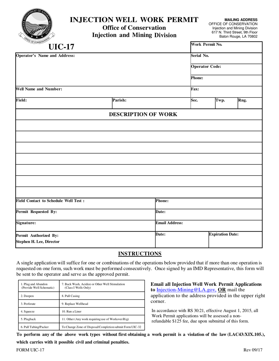 Form UIC-17 Injection Well Work Permit - Louisiana, Page 1