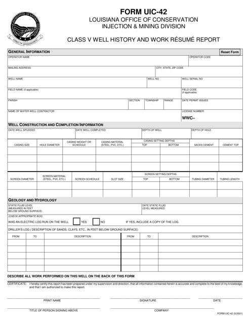 Form UIC-42 Class V Well History and Work Resume Report - Louisiana