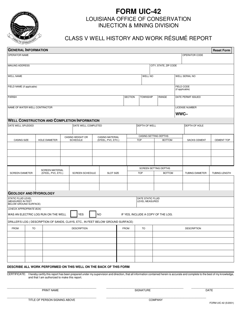 Form UIC-42 Class V Well History and Work Resume Report - Louisiana, Page 1