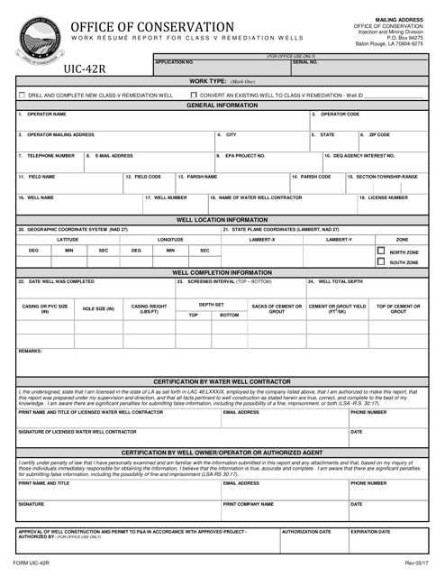 Form UIC-42R Work Resume Report for Class V Remediation Wells - Louisiana