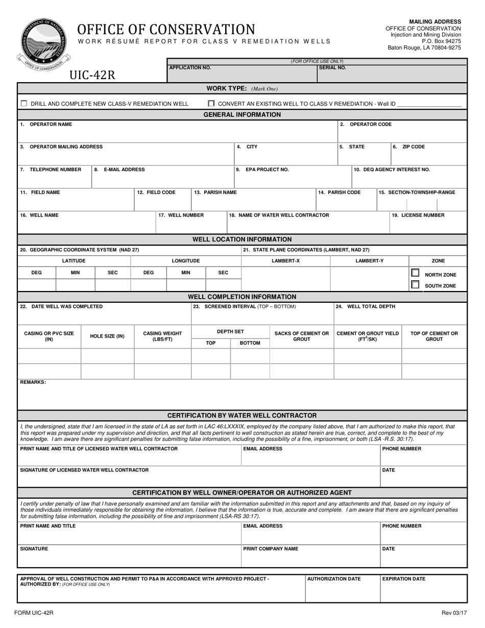 Form UIC-42R Work Resume Report for Class V Remediation Wells - Louisiana, Page 1