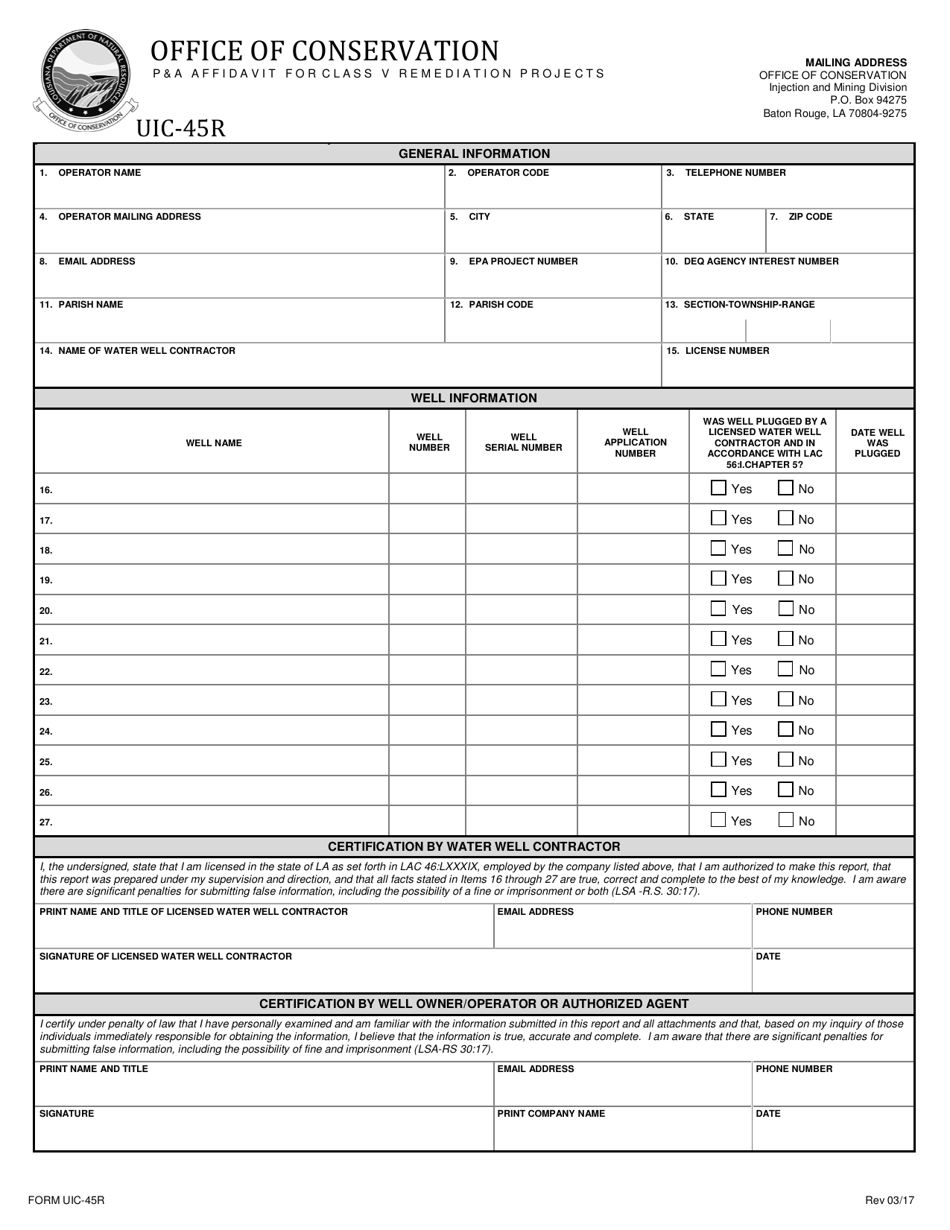 Form UIC-45R Pa Affidavit for Class V Remediation Projects - Louisiana, Page 1