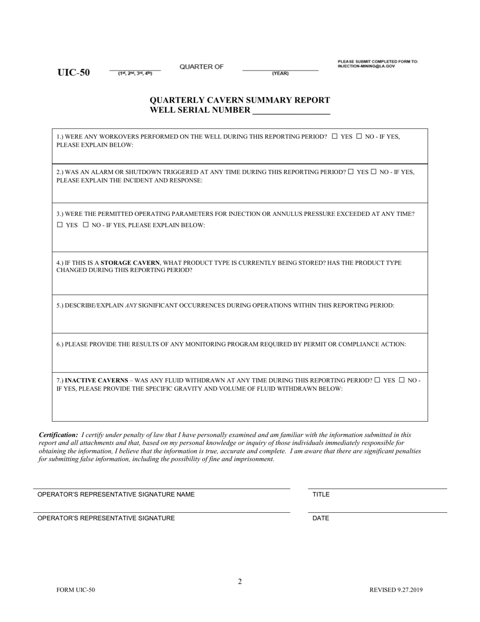 Form UIC-50 Salt Cavern Weekly Monitoring Log  Summary Report - Louisiana, Page 2