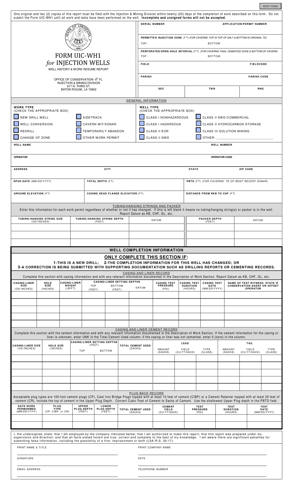 Form UICWH1 Download Fillable PDF or Fill Online Well History & Work