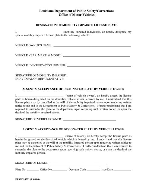 Form DPSMV4222 Designation of Mobility Impaired License Plate - Louisiana