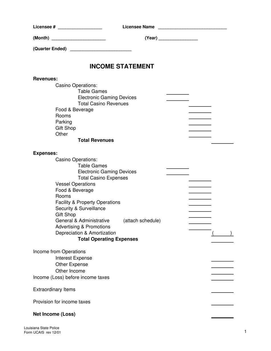 Form UCAIS Income Statement - Louisiana, Page 1