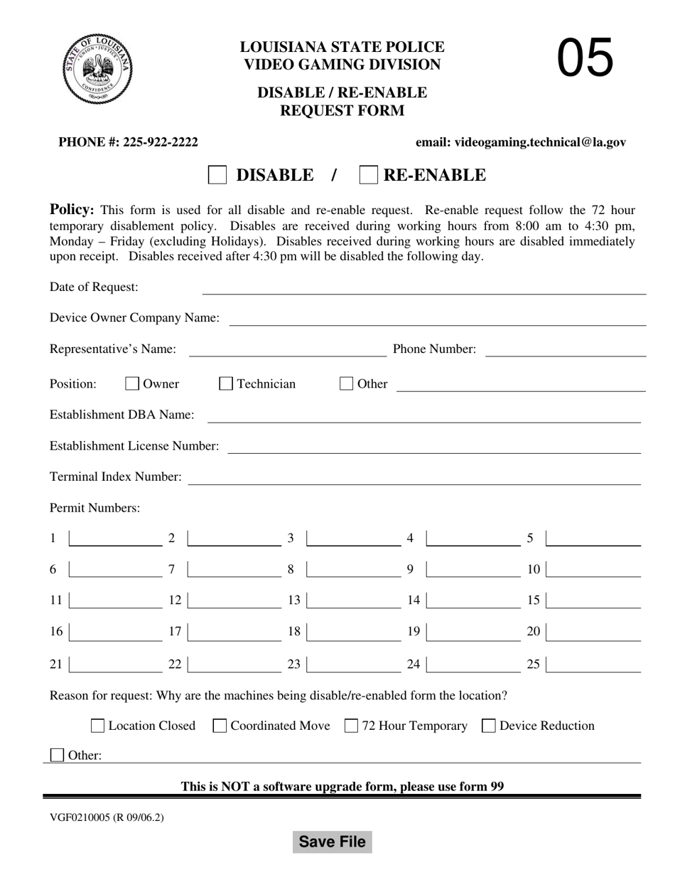 Form VGF0210005 Disable / Re-enable Request Form - Louisiana, Page 1