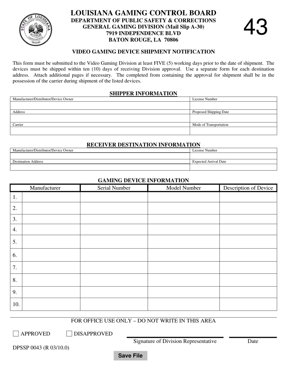 Form DPSSP0043 Video Gaming Device Shipment Notification - Louisiana, Page 1