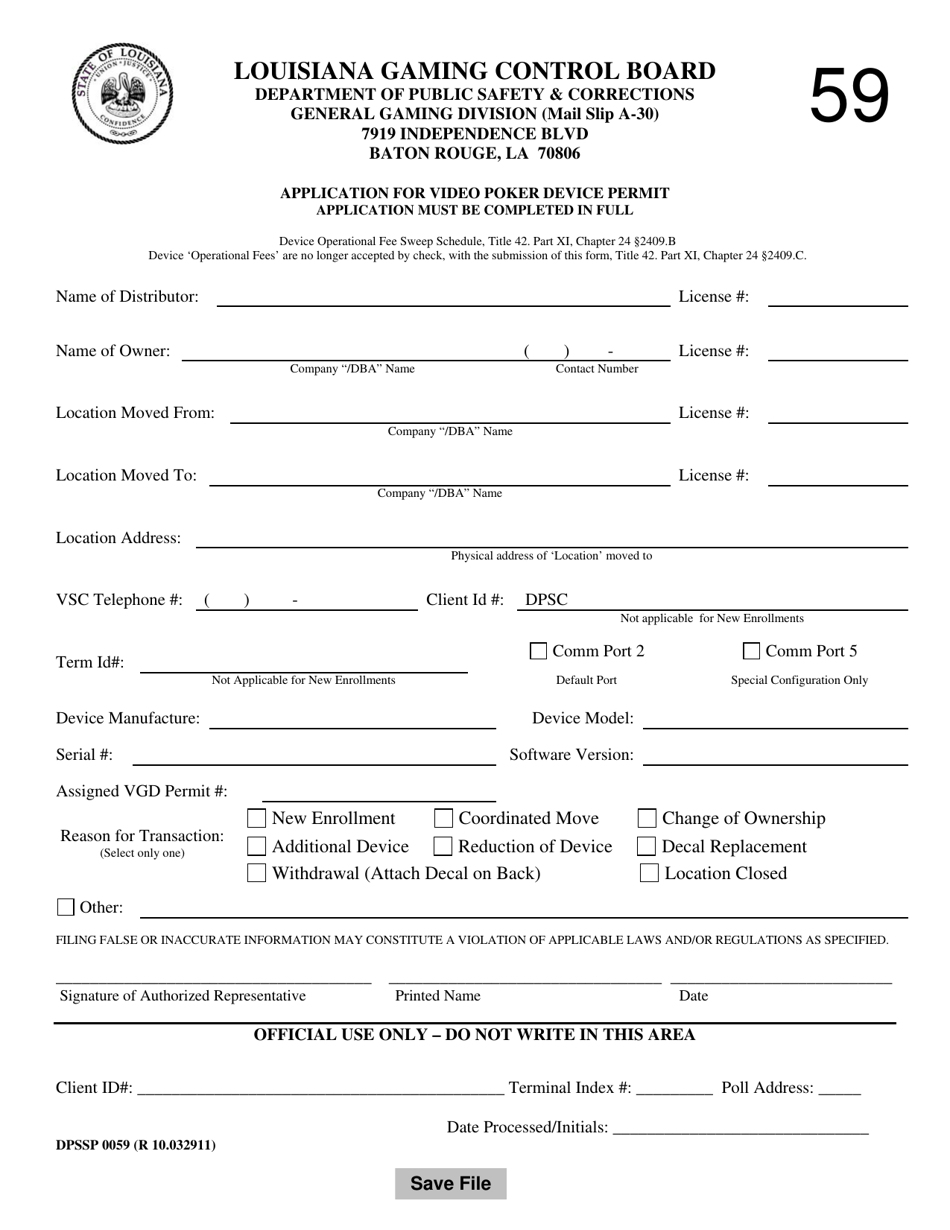 Form Dpssp0059 Download Fillable Pdf Or Fill Online Application For Video Poker Device Permit Louisiana Templateroller Form Dpssp0059 Download Fillable Pdf Or Fill Online Application For Video Poker Device Permit Louisiana Templateroller