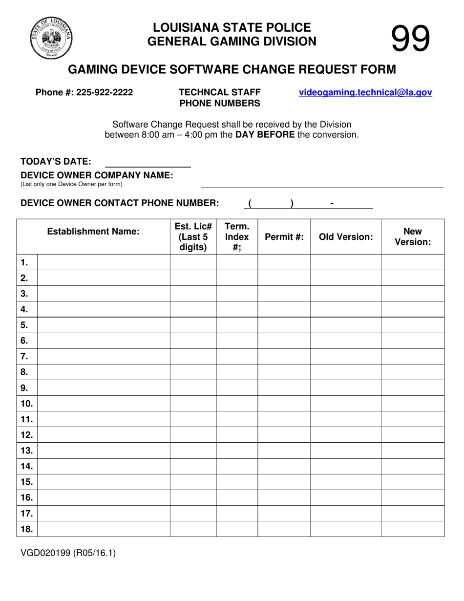 Form VGD020199 Gaming Device Software Change Request Form - Louisiana, Page 1