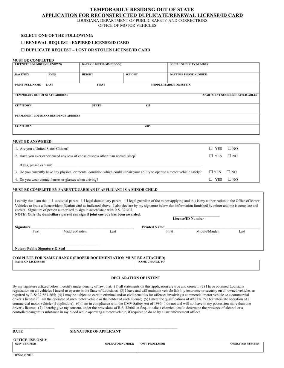 Form DPSMV2013 Temporarily Residing out of State Application for Reconstructed Duplicate / Renewal License / Id Card - Louisiana, Page 1