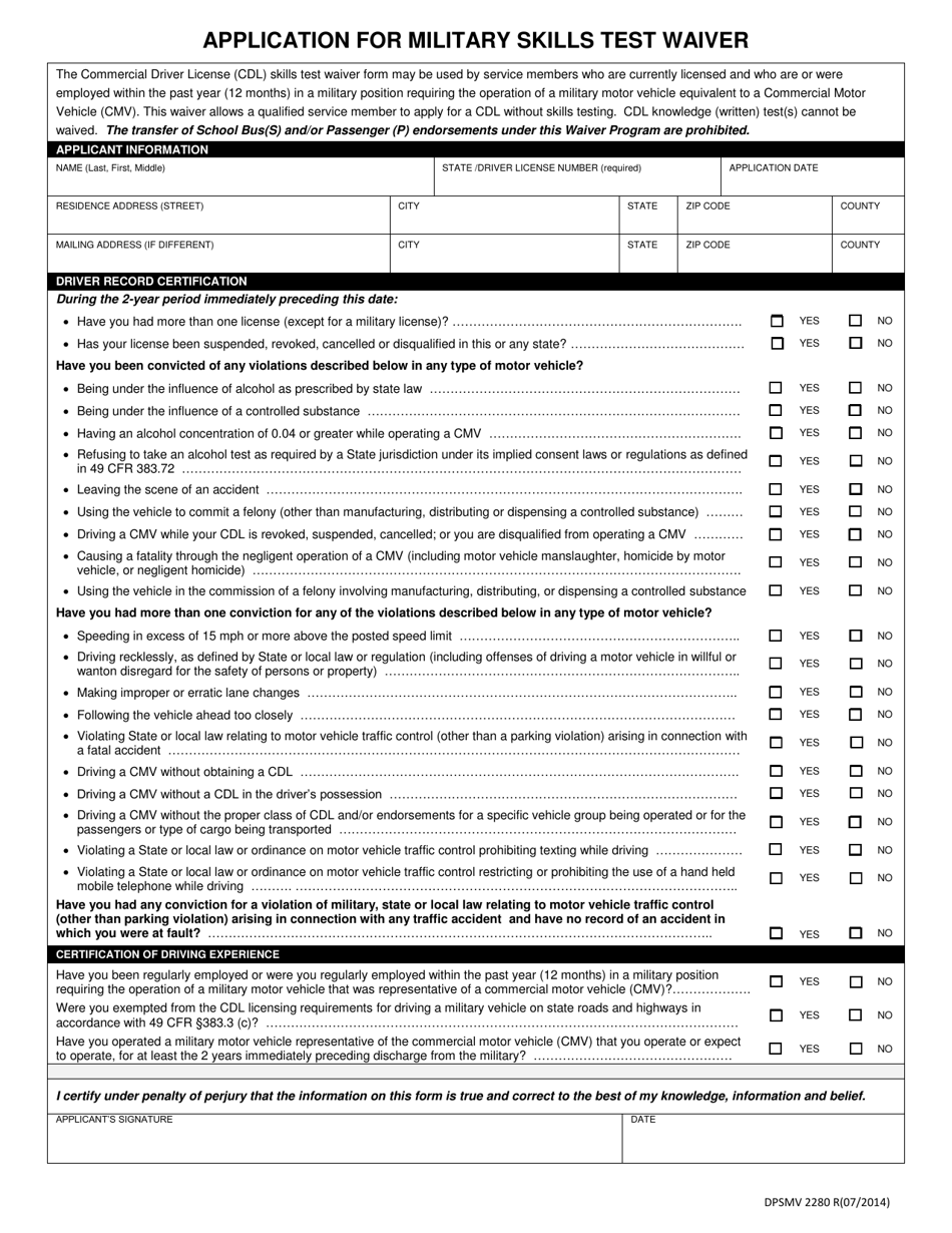 Form DPSMV2280 Application for Military Skills Test Waiver - Louisiana, Page 1