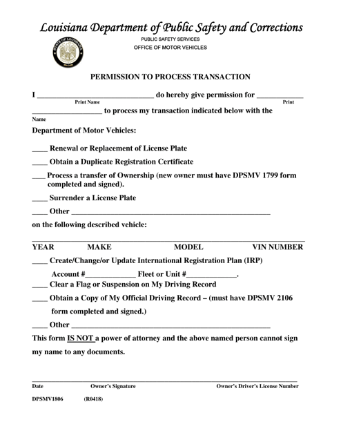 Form DPSMV1806 Permission to Process Transaction - Louisiana