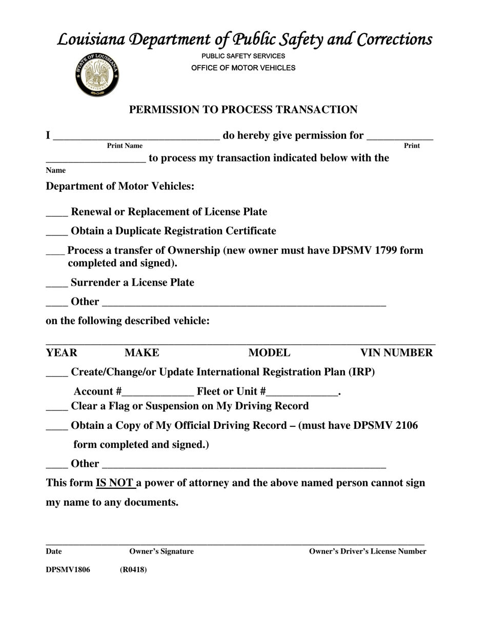 Form DPSMV1806 Permission to Process Transaction - Louisiana, Page 1