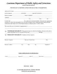 Document preview: Form DPSMV2012 Physician's Certification for Seat Belt Exemption - Louisiana