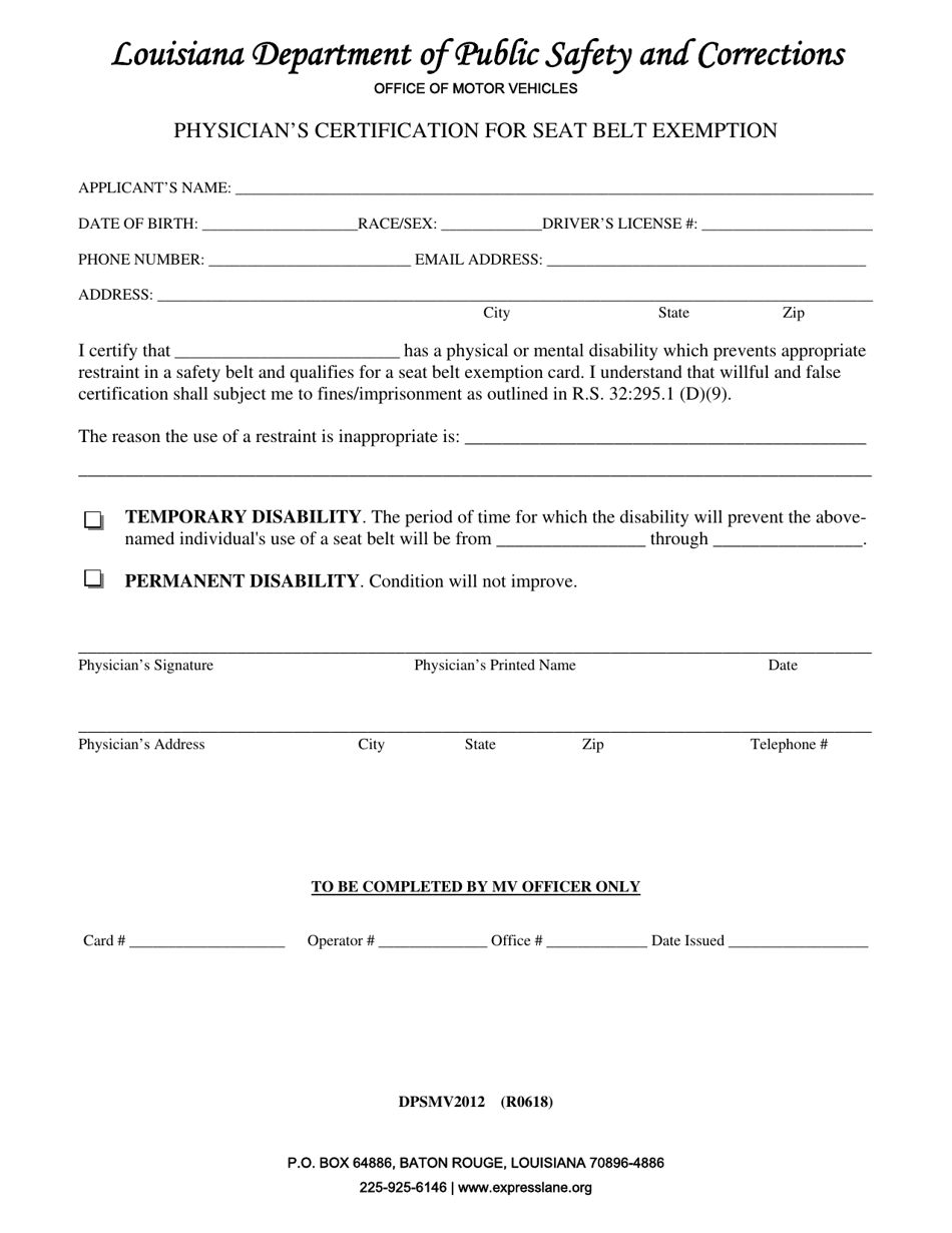 Form DPSMV2012 Physicians Certification for Seat Belt Exemption - Louisiana, Page 1