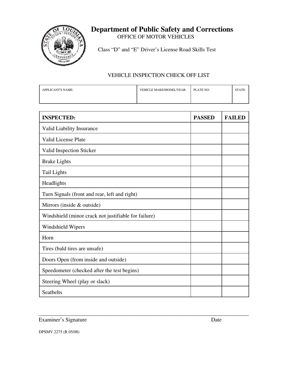Form DPSMV2275 Vehicle Inspection Check off List - Louisiana, Page 1