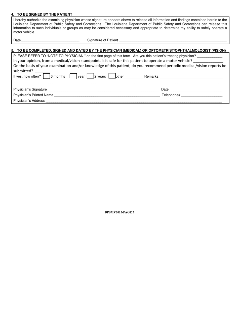 Form DPSMV2015 Medical / Vision Examination Form - Louisiana, Page 3
