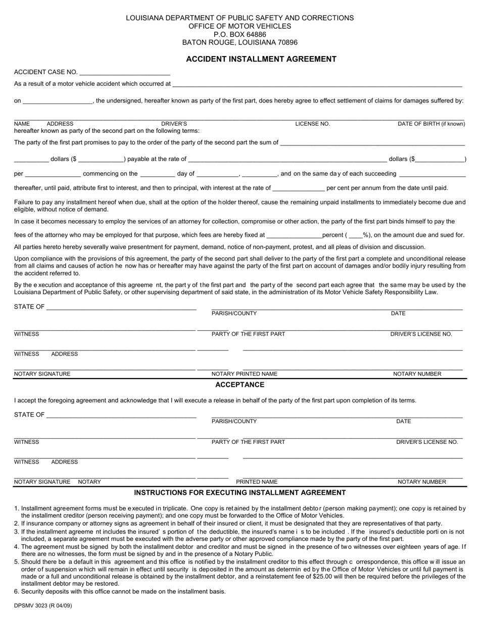 Form DPSMV3023 Accident Installment Agreement - Louisiana, Page 1