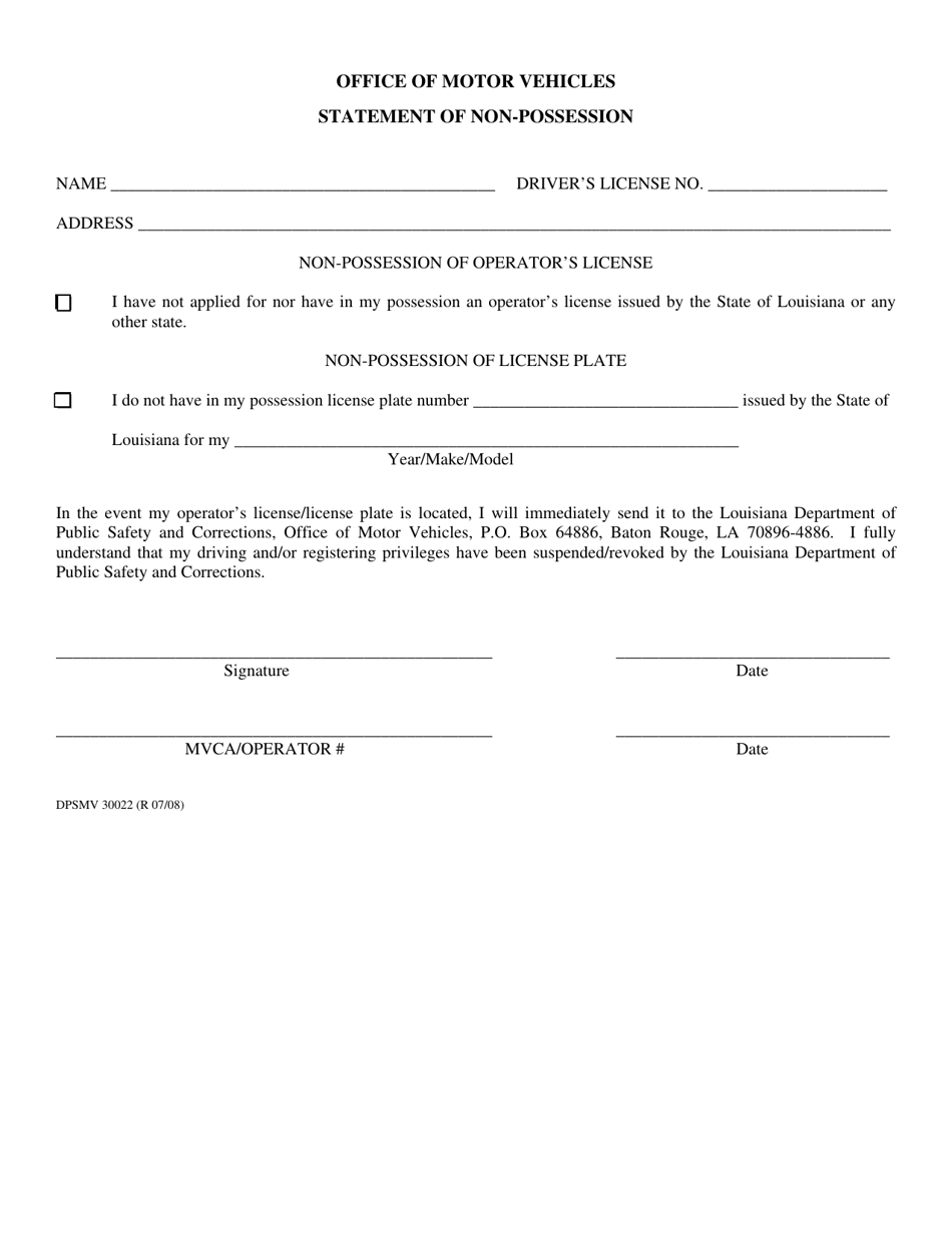 Form DPSMV30022 Statement of Non-possession - Louisiana, Page 1