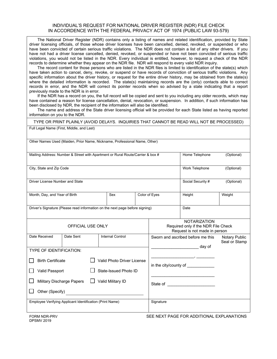 Form NDR-PRV (DPSMV2019) Individual's Request for National Driver Register (Ndr) File Check - Louisiana, Page 1