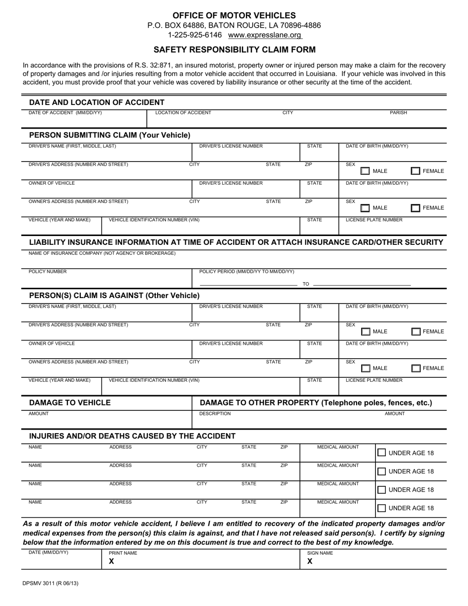 Form DPSMV3011 Safety Responsibility Claim Form - Louisiana, Page 1