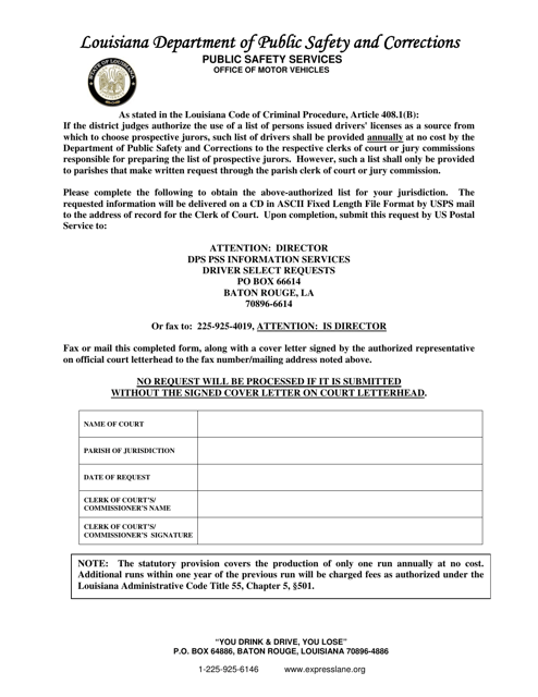 Jury Pool Selection Request - Louisiana Download Pdf