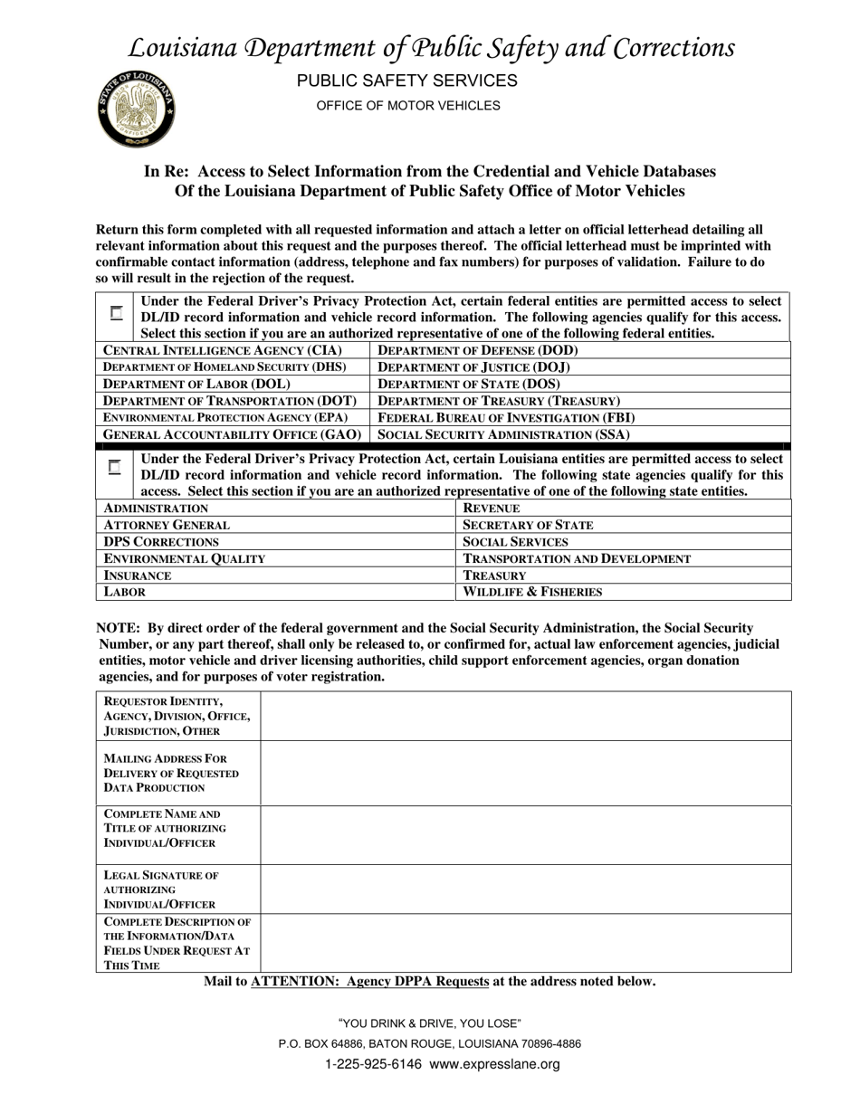 Credential or Vehicle Information Request - Louisiana, Page 1