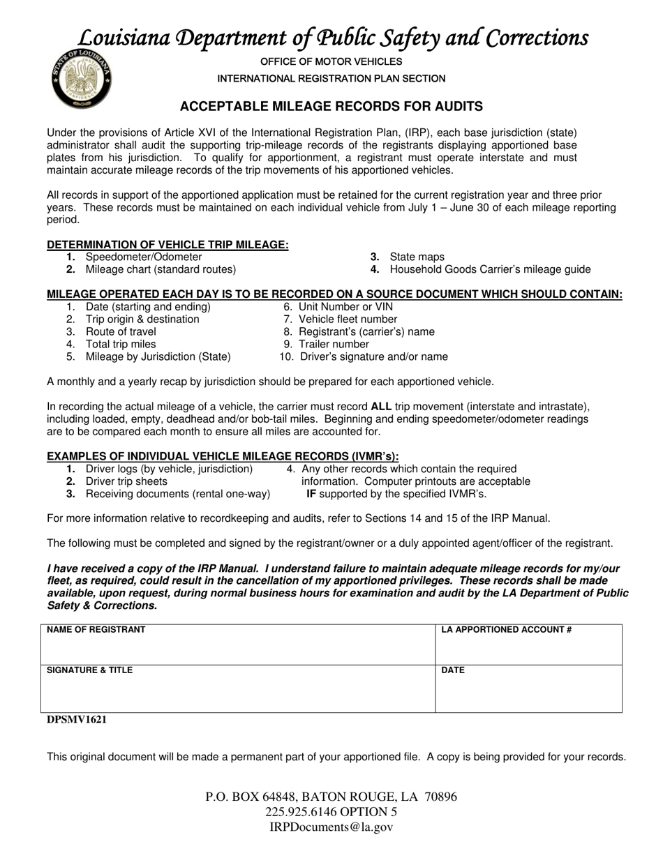 Form DPSMV1621 Acceptable Mileage Record for Audits - Louisiana, Page 1