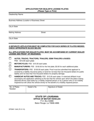 Document preview: Form DPSMV1640 Application for Dealer's License Plates - Louisiana