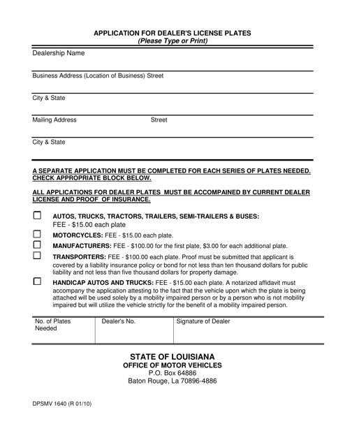 Form DPSMV1640 Application for Dealer's License Plates - Louisiana