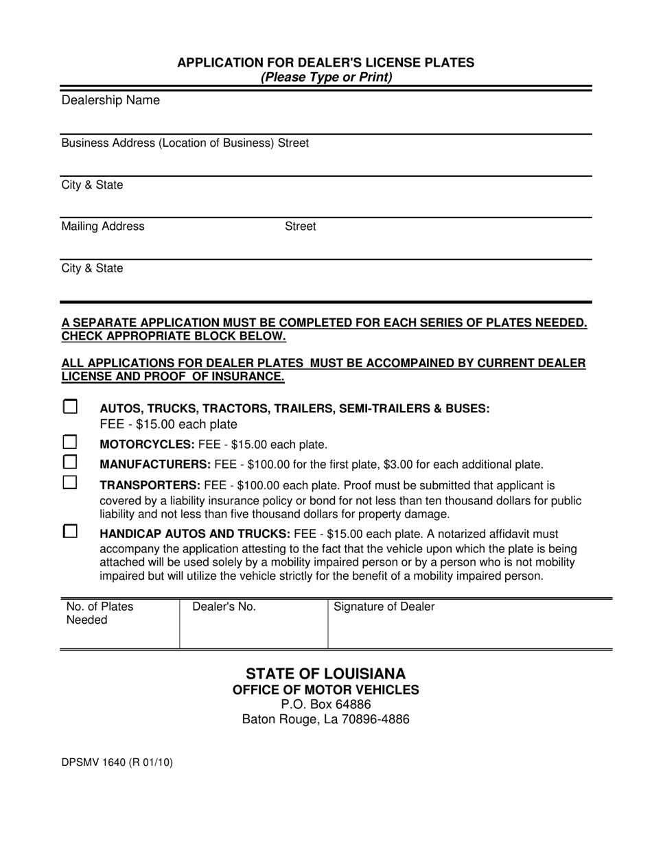 Form DPSMV1640 Application for Dealers License Plates - Louisiana, Page 1