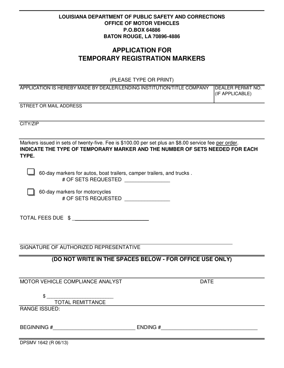 Form DPSMV1642 Application for Temporary Registration Markers - Louisiana, Page 1