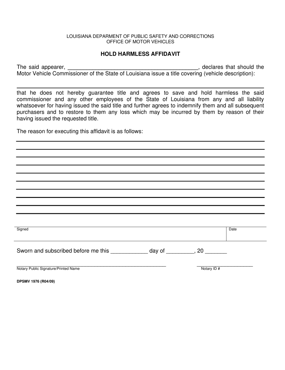 Form DPSMV1976 Hold Harmless Affidavit - Louisiana, Page 1