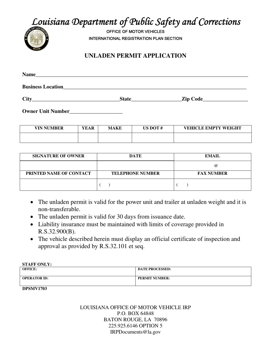 Form DPSMV1703 Unladen Permit Application - Louisiana, Page 1