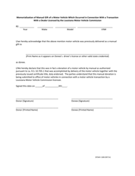 Document preview: Form DPSMV1698 Memorialization of Manual Gift of a Motor Vehicle - Louisiana